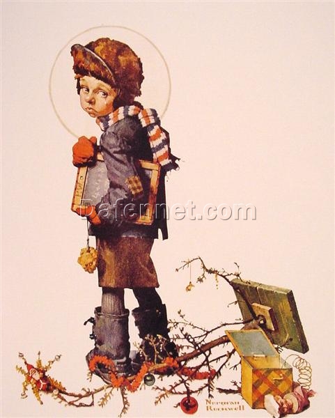 Dafen Village Studio’s Exquisite Reproduction – Inspired by Norman Rockwell’s 1927 Regionalism Genre Painting ‘Little Boy holding Chalk Board’ Oil on Canvas for Art Aficionados