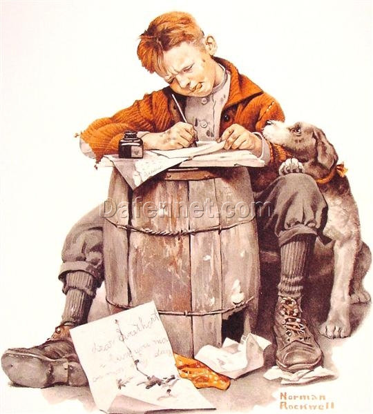 Dafen Village Presents: Inspired by 1920 Norman Rockwell’s ‘Little Boy Writing a Letter’ – Regionalism Oil Canvas Artwork