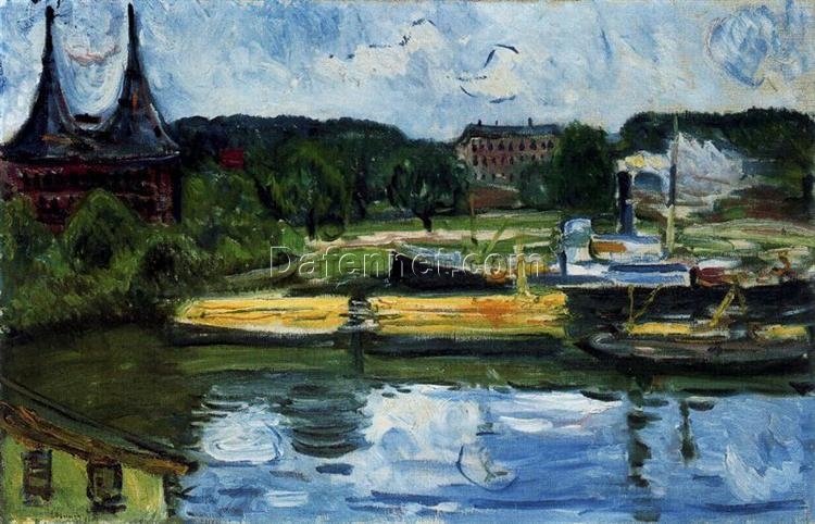 Custom Oil Painting Inspired by Edvard Munch’s Lübeck Harbour with the Holstentor – Hand-Painted Expressionist Cityscape Reproduction from DaFen Village Studio | Fine Art for Home and Office Décor