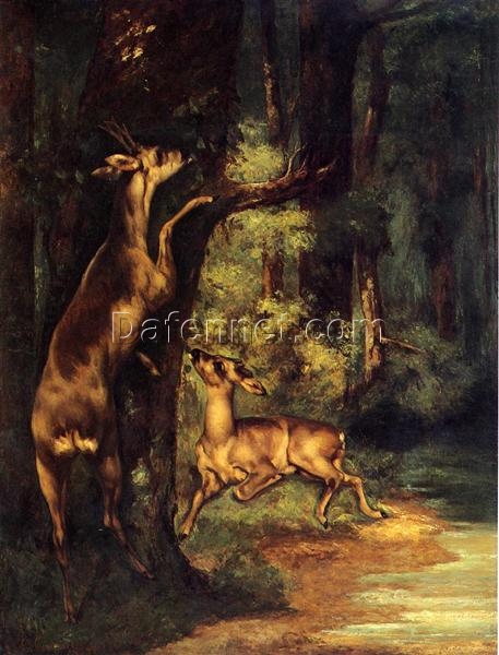 Gustave Courbet’s Timeless 1864 ‘Male and Female Deer in the Woods’ – Realist Animal Oil Painting on Canvas, A Tribute to Private Collection’s Artwork, Great for Interior Decoration