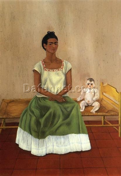 Custom Oil Painting Inspired by Frida Kahlo’s Me and My Doll – Hand-Painted Naïve Art Self-Portrait Reproduction from DaFen Village Studio | Symbolic Mexican Fine Art for Home, Office, and Gallery Décor