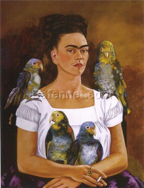 Inspired by Frida Kahlo – Me and My Parrots | Hand-Painted Oil Painting | Mexican Naïve Art | DaFen Village Studio