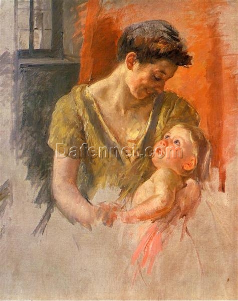 Exquisite Impressionist Genre Painting: ‘Mother and Child Smiling at Each Other’ by Mary Cassatt (1908) – Large – Sized Masterpiece Inspired by Private Collection