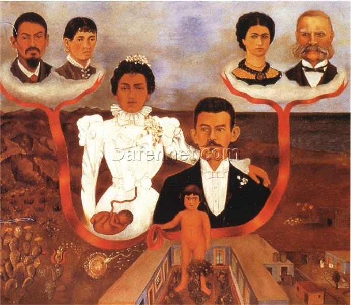 Custom Oil Painting Inspired by Frida Kahlo’s My Grandparents, My Parents, and I (Family Tree) – Hand-Painted Naïve Art Reproduction from DaFen Village Studio | Symbolic Mexican Fine Art for Home, Office, and Gallery Décor