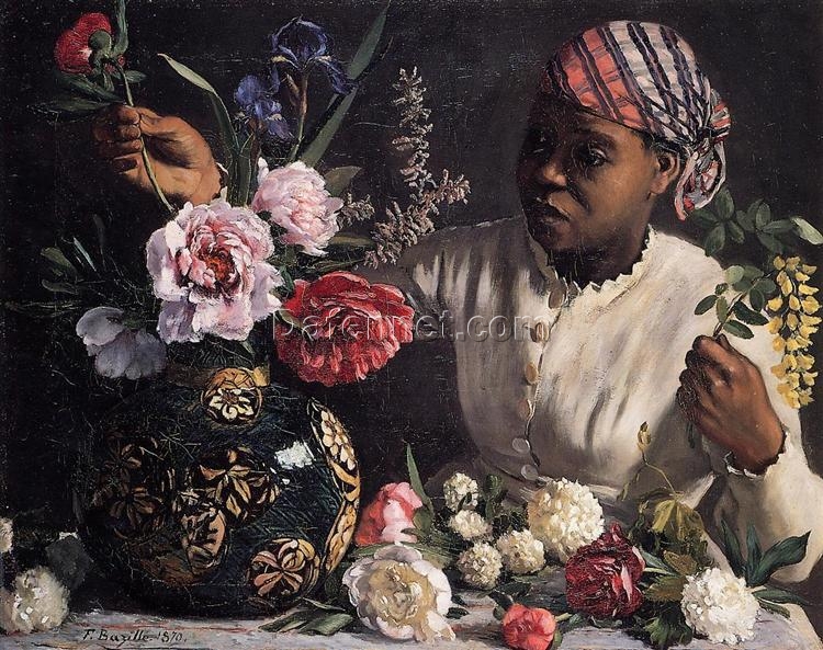 Custom – Sized Impressionist Genre Painting ‘Negress with Peonies’ Inspired by Frederic Bazille’s 1870 Masterpiece, Handmade in Dafen Village