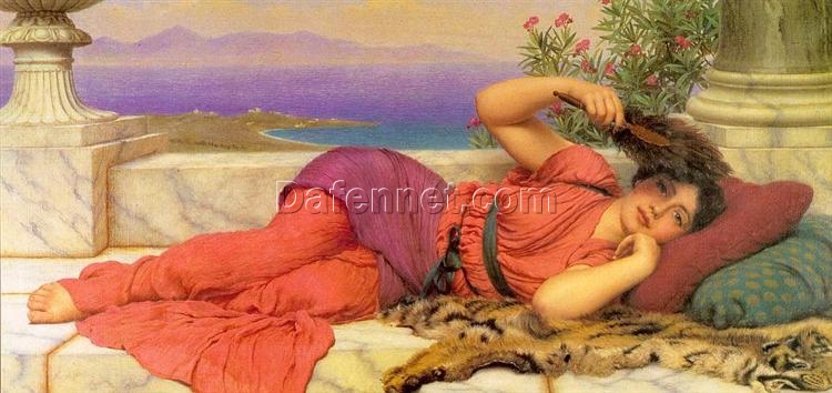 Authentic – looking ‘John William Godward Inspired’ Oil Painting of ‘Noon Day Rest’ in 1910 Neoclassical Style, Hand – crafted in Dafen Village for Collectors Searching for Uncommon Neoclassical Genre Artworks of Specific Dimensions