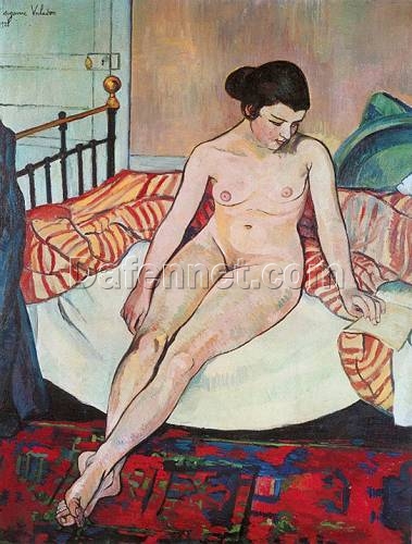 Authentic – Style Oil Painting – “Nude with a Striped Blanket” Inspired by Valadon – Dafen Village’s Exclusive Creation