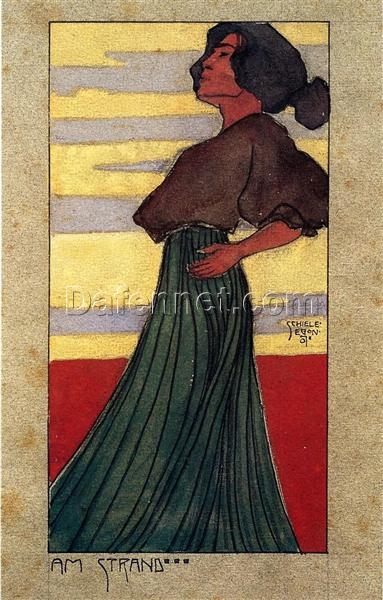 High-quality ‘On the Beach, Moonlight’ Art Nouveau (Modern) Inspired Watercolor on Paper Painting by Egon Schiele – Direct from Dafen Village Studios for Art Aficionados