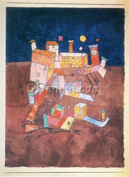 Authentic-looking Reproduction of Paul Klee’s ‘Part of G’ – Bauhaus Surrealist Cityscape in Oil and Watercolor on Paper, Handmade in Dafen Village