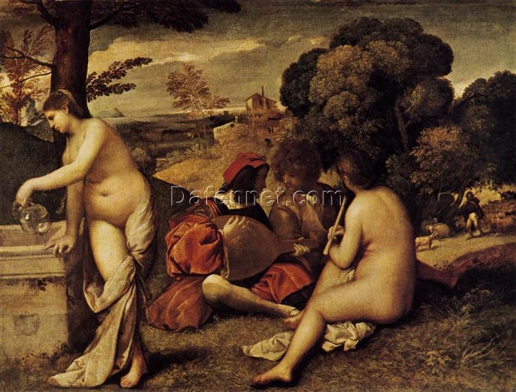 Exquisite Dafen Village Creation: ‘Pastoral Concert (Fête champêtre)’ Inspired by Giorgione (1508 – 1509) – High Renaissance Allegorical Oil Painting on Canvas