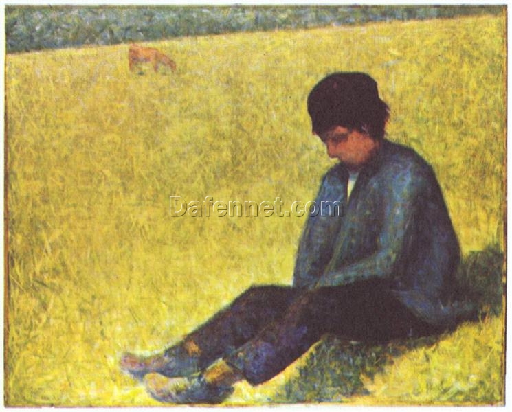 Exquisitely Hand-Painted Oil on Canvas Replica of Georges Seurat’s ‘Peasant boy sitting in a meadow’ (Petit paysan assis dans un pré) – A Captivating Post-Impressionist Genre Painting by Dafen Village Artists for Art Connoisseurs and Rural Life Enthusiasts