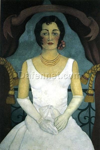 Custom Oil Painting Inspired by Frida Kahlo’s Portrait of a Woman in White – Hand-Painted Naïve Art Reproduction from DaFen Village Studio | Mexican Fine Art Portrait for Home, Office, and Gallery Décor