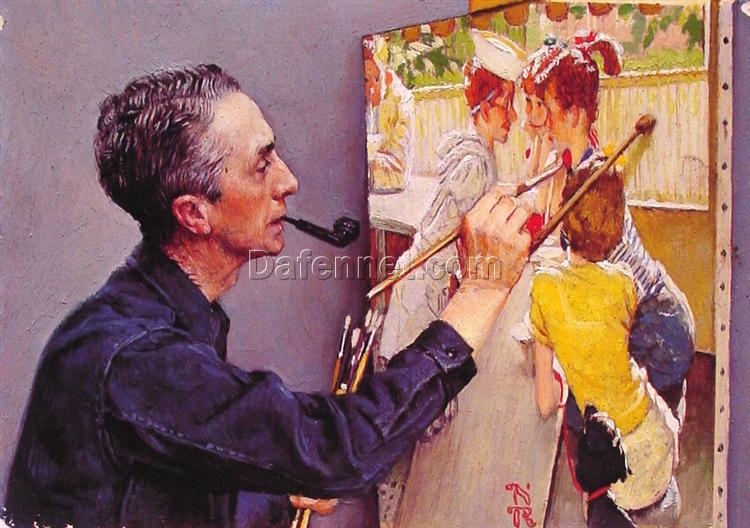 High – Quality Hand – Painted Replica by Dafen Village of Rockwell’s ‘Portrait of Norman Rockwell Painting the Soda Jerk’ – Ideal for Art Enthusiasts