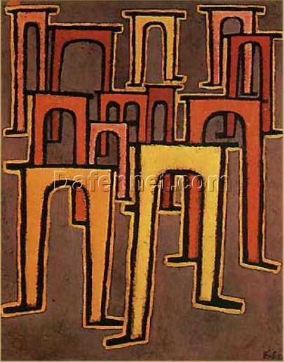 Hand – painted Replica of Paul Klee’s ‘Revolution of the Viaduct’ – Inspired by Surrealist Cityscape on Cotton, Created in Dafen Village