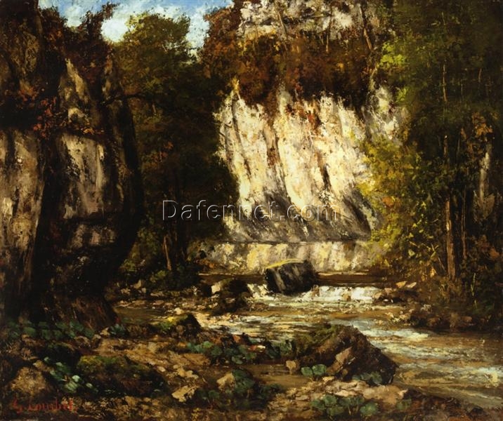 Breathtaking 1865 Gustave Courbet ‘River and Cliff’ Realist Oil on Canvas Landscape – Inspired by Private Collection Gem, Ideal for Art Aficionados and Nature Lovers