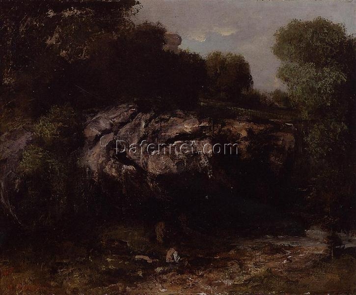 Enigmatic 1865 Gustave Courbet ‘Rocky Landscape with Figure’ Realist Oil on Canvas Landscape – Inspired by Private Collection Gem, Ideal for Art Aficionados and Nature Lovers