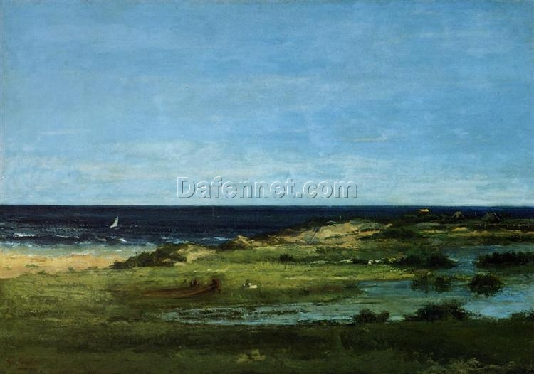 Authentically Rendered 1854 – 1857 ‘Seacoast (Souvenir of Les Cabanes)’ by Gustave Courbet – Realist Oil Canvas Landscape, Capturing the Spirit of the Philadelphia Museum of Art Original, Perfect for Art Collectors and Ocean Lovers