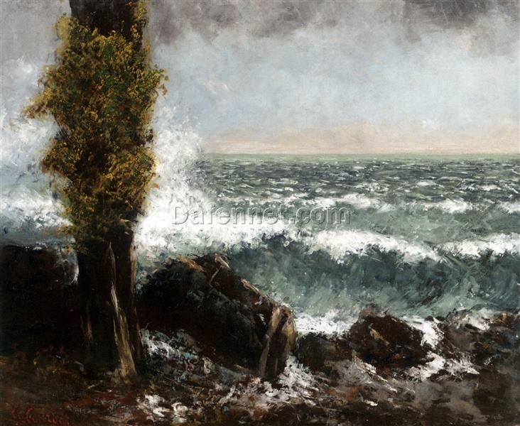 Captivating Gustave Courbet’s ‘Seascape, the Poplar’ (Marine, le peuplier) Realist Oil on Canvas Marina – c.1873 Masterpiece from Private Collection