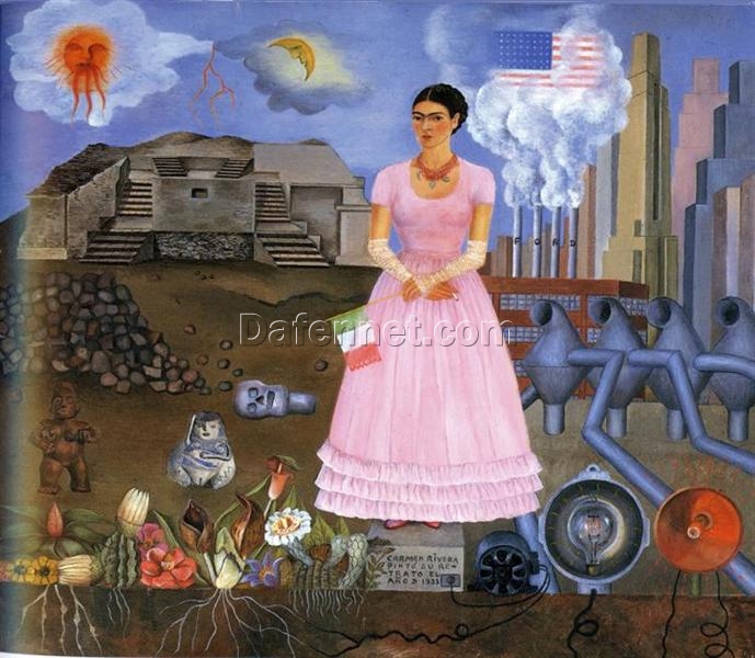 Custom Oil Painting Inspired by Frida Kahlo’s Self-Portrait Along the Border Line Between Mexico and the United States – Hand-Painted Surrealist & Naïve Art Reproduction from DaFen Village Studio | Mexican Symbolic Fine Art for Home and Office Décor