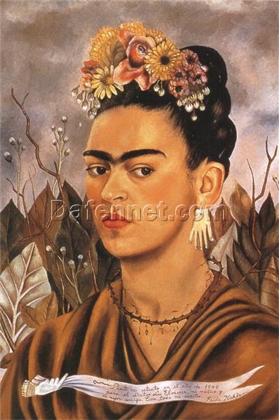 Inspired by Frida Kahlo – Self-Portrait Dedicated to Dr. Eloesser | Hand-Painted Oil Painting | Mexican Naïve Art | DaFen Village Studio