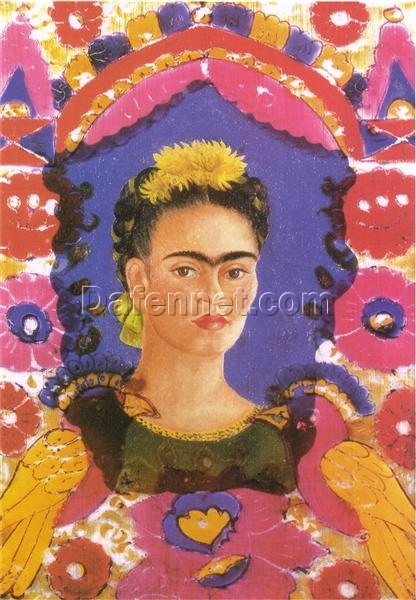 Custom Oil Painting Inspired by Frida Kahlo’s Self-Portrait – The Frame – Hand-Painted Naïve Art Reproduction from DaFen Village Studio | Mexican Fine Art for Home, Office, and Gallery Décor