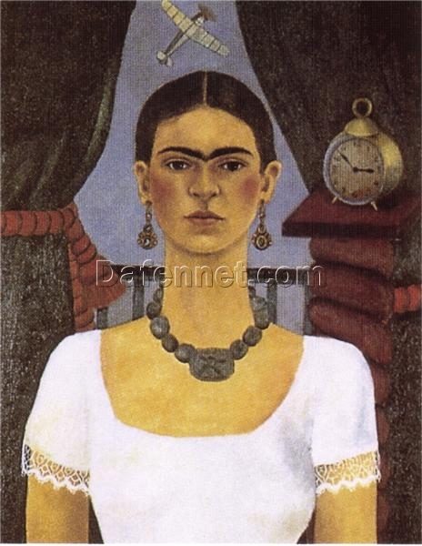 Custom Oil Painting Inspired by Frida Kahlo’s Self-Portrait – Time Flies – Hand-Painted Naïve Art Reproduction from DaFen Village Studio | Mexican Fine Art for Home, Office, and Gallery Décor