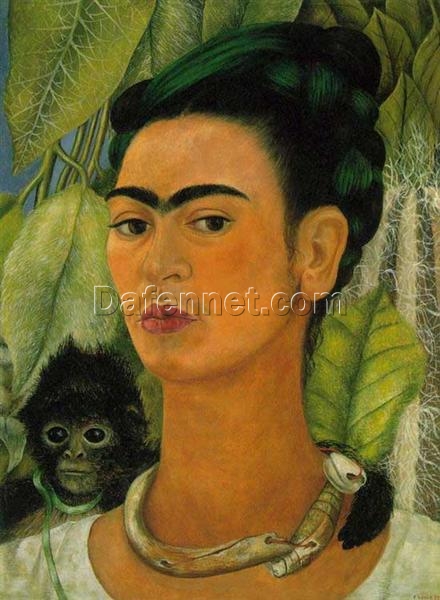 Custom Oil Painting Inspired by Frida Kahlo’s Self-Portrait with a Monkey – Hand-Painted Naïve Art Reproduction from DaFen Village Studio | Symbolic Mexican Fine Art for Home, Office, and Gallery Décor