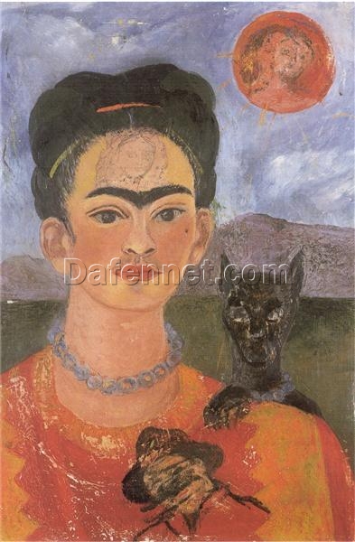 Inspired by Frida Kahlo – Self-Portrait with a Portrait of Diego on the Breast and Maria Between the Eyebrows | Hand-Painted Oil Painting | Mexican Naïve Art | DaFen Village Studio