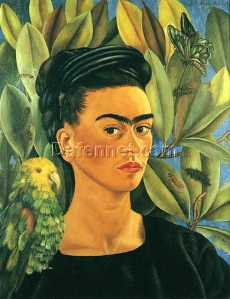 Inspired by Frida Kahlo – Self-Portrait with Bonito | Hand-Painted Oil Painting | Mexican Naïve Art Masterpiece | DaFen Village Studio