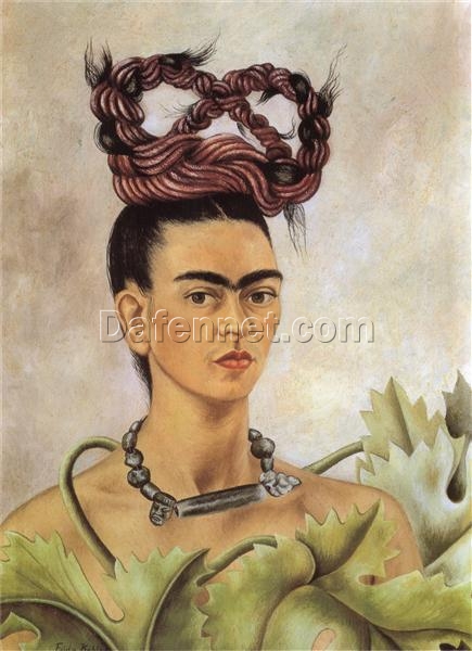 Inspired by Frida Kahlo – Self-Portrait with Braid | Hand-Painted Oil Painting | Mexican Naïve Art | DaFen Village Studio