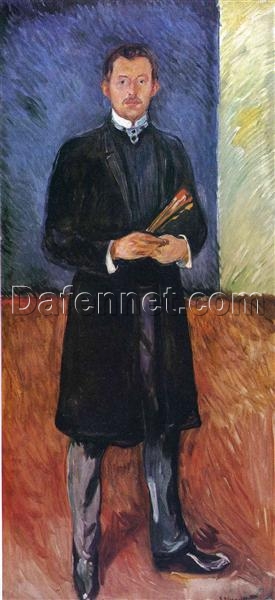 Custom Oil Painting Inspired by Edvard Munch’s Self-Portrait with Brushes – Hand-Painted Reproduction from DaFen Village Studio | Expressionist Art for Home and Office Décor