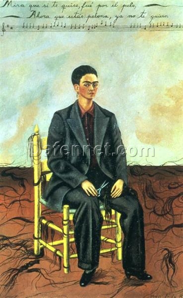 Custom Oil Painting Inspired by Frida Kahlo’s Self-Portrait with Cropped Hair – Hand-Painted Naïve Art Reproduction from DaFen Village Studio | Symbolic Mexican Fine Art for Home and Office Décor