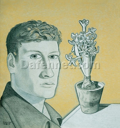 Authentic – Looking “Self – Portrait with Hyacinth in a Pot” Inspired Artwork in Surrealist Style from Dafen Village – Ideal for Home Decor