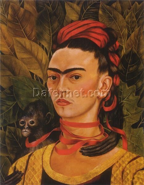 Inspired by Frida Kahlo – Self-Portrait with Monkey | Hand-Painted Oil Painting | Mexican Naïve Art Masterpiece | DaFen Village Studio