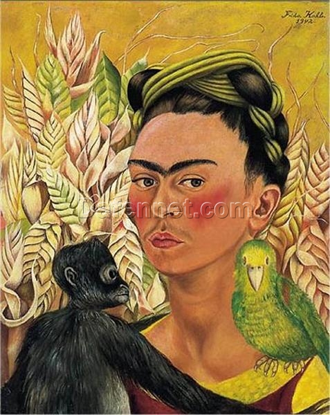 Inspired by Frida Kahlo – Self-Portrait with Monkey and Parrot | Hand-Painted Oil Painting | Naïve Art Masterpiece | DaFen Village Studio