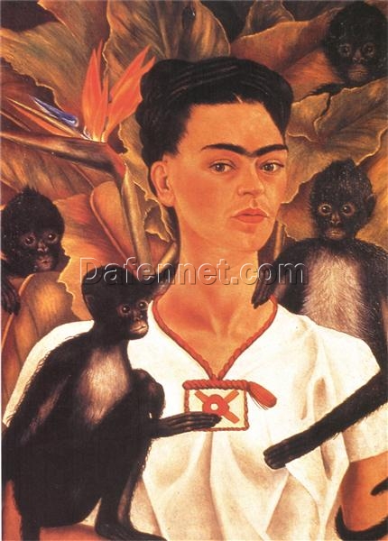 Inspired by Frida Kahlo – Self-Portrait with Monkeys | Hand-Painted Oil Painting | Naïve Art Masterpiece | DaFen Village Studio