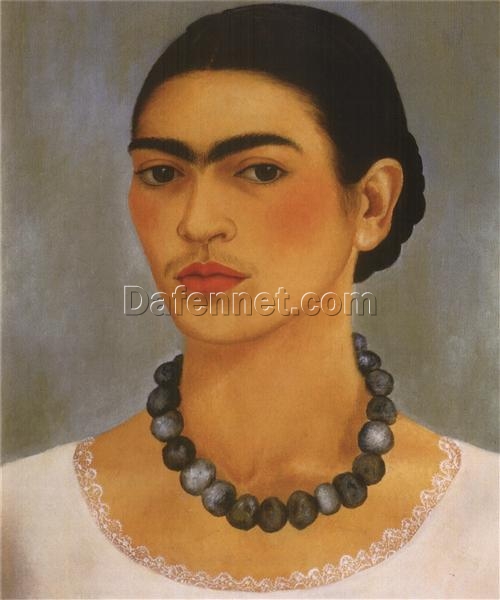 Custom Oil Painting Inspired by Frida Kahlo’s Self-Portrait with Necklace – Hand-Painted Naïve Art Reproduction from DaFen Village Studio | Mexican Fine Art for Home, Office, and Gallery Décor