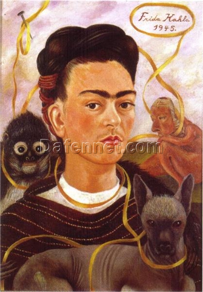 Inspired by Frida Kahlo – Self-Portrait with Small Monkey | Hand-Painted Oil Painting | Mexican Naïve Art | DaFen Village Studio