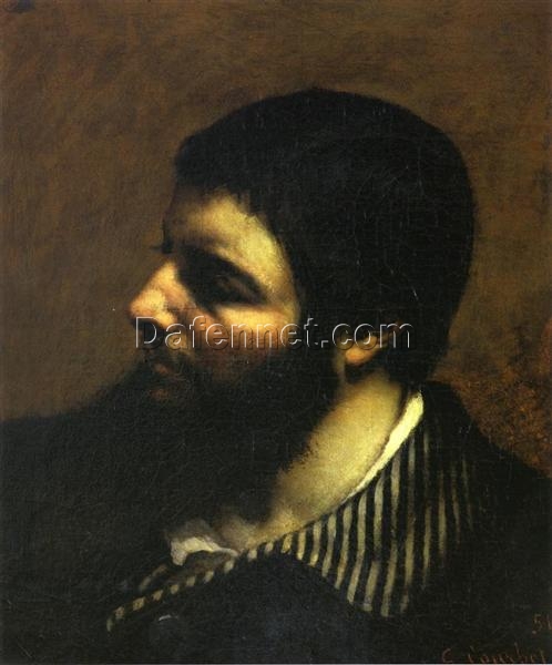 Authentically Inspired 1854 ‘Self-Portrait with Striped Collar’ by Gustave Courbet – Realist Oil Canvas Self-Portrait, 37×46 cm, Capturing the Spirit of the Musée Fabre Original