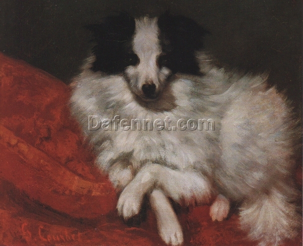 Exquisite 1855 ‘Sitting on Cushions Dog’ by Gustave Courbet – Realist Oil Canvas Animal Painting, 38×46 cm, A Tribute to Classic Artistry