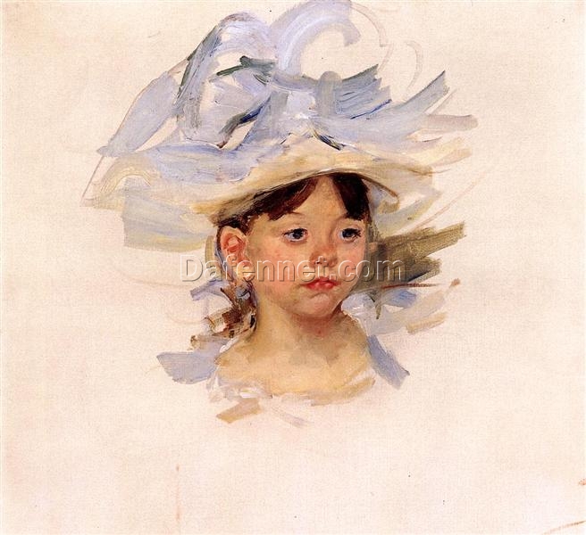 Exquisite Impressionist Sketch: ‘Sketch of Ellen My Cassatt in a Big Blue Hat’ by Mary Cassatt (c.1905), Oil on Canvas