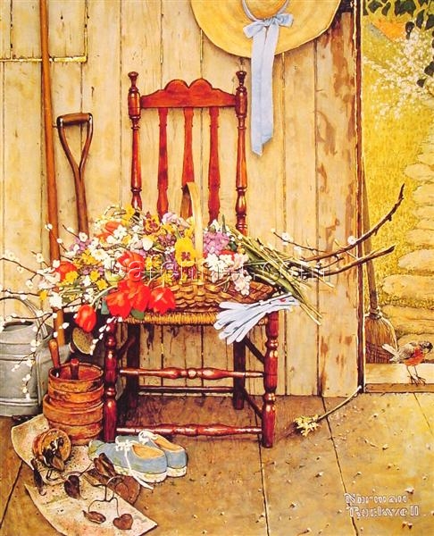 Hand – Painted Replica of Norman Rockwell’s “Spring Flowers” Inspired by 1969 Original – Dafen Village Oil Painting