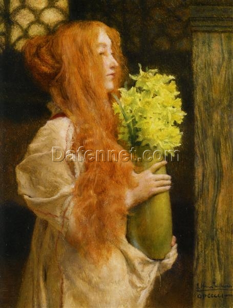 Exquisite “Spring Flowers” – Hand-Painted Oil Portrait by Sir Lawrence Alma-Tadema