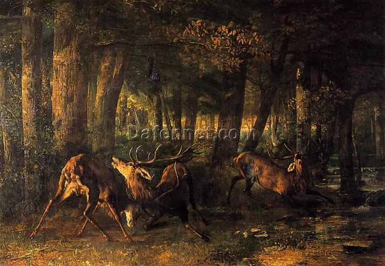 Authentically Rendered 1861 ‘Spring, Stags Fighting’ (Le rut du printemps, combat de cerfs) by Gustave Courbet – Realist Oil Canvas Animal Painting, 355×507 cm, Capturing the Spirit of the Musée d’Orsay Original, Perfect for Decorating with a Sense of Drama