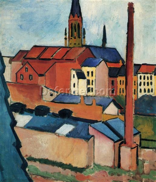 Exquisite Dafen Village Reproduction Inspired by August Macke’s ‘St. Mary’s with Houses and Chimney (Bonn)’ – 66×57.4 cm Expressionist Cityscape Oil on Canvas for Art Collectors