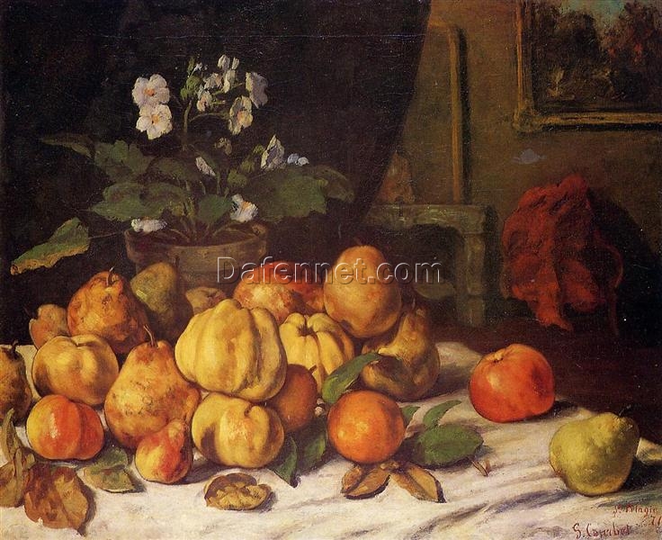 Custom-Made Oil on Canvas Painting Inspired by Gustave Courbet’s ‘Still Life Apples, Pears and Flowers on a Table, Saint Pelagie’ (1871) – Exclusive Creations from Dafen Village Studios