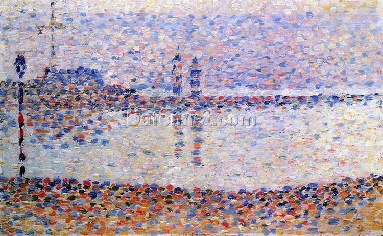 Exquisitely Hand-Painted Oil on Wood Replica of Georges Seurat’s ‘Study for “The Channel at Gravelines, Evening”‘ (Gravelines: un soir, étude) – A Captivating Neo-Impressionist and Pointillist Cityscape Study by Dafen Village Artists for Art Aficionados and Seurat Enthusiasts