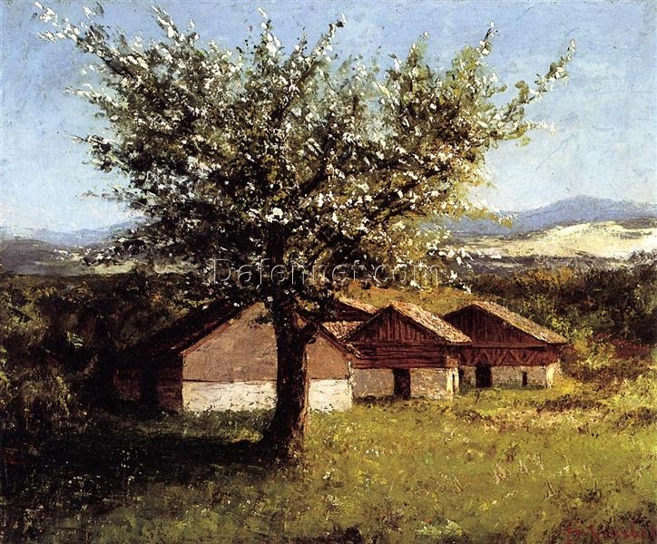 Exquisitely Hand-Painted Oil on Canvas Replica of Gustave Courbet’s ‘Swiss Landscape with Flowering Apple Tree’ (c.1876) – A Charming Realist Gem by Dafen Village Artists for Nature and Art Enthusiasts