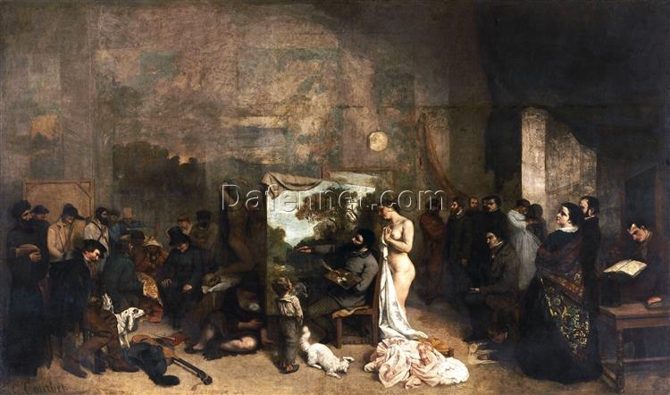 Gustave Courbet’s Timeless 1854 – 1855 ‘The Artist’s Studio’ (L’Atelier du peintre) – Realist Allegorical Oil Painting on Canvas, 361×598 cm, A Tribute to Musée d’Orsay’s Collection, Great for Decorating Grand Spaces