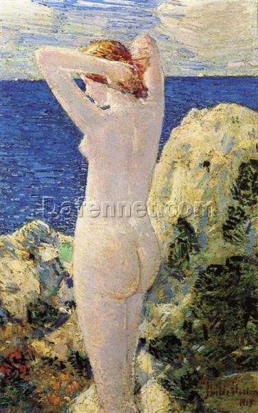 Dafen Village Inspired Reproduction of Childe Hassam’s “The Bather” (1915) – High-Quality Impressionist Nude Oil Painting on Panel for Sale, Great for Art Collections and Interior Design